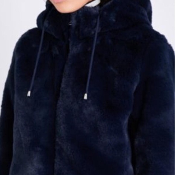 Maje Blue - Navy Faux Fur Hooded Bomber Style Jacket - Coat - Picture 7 of 9